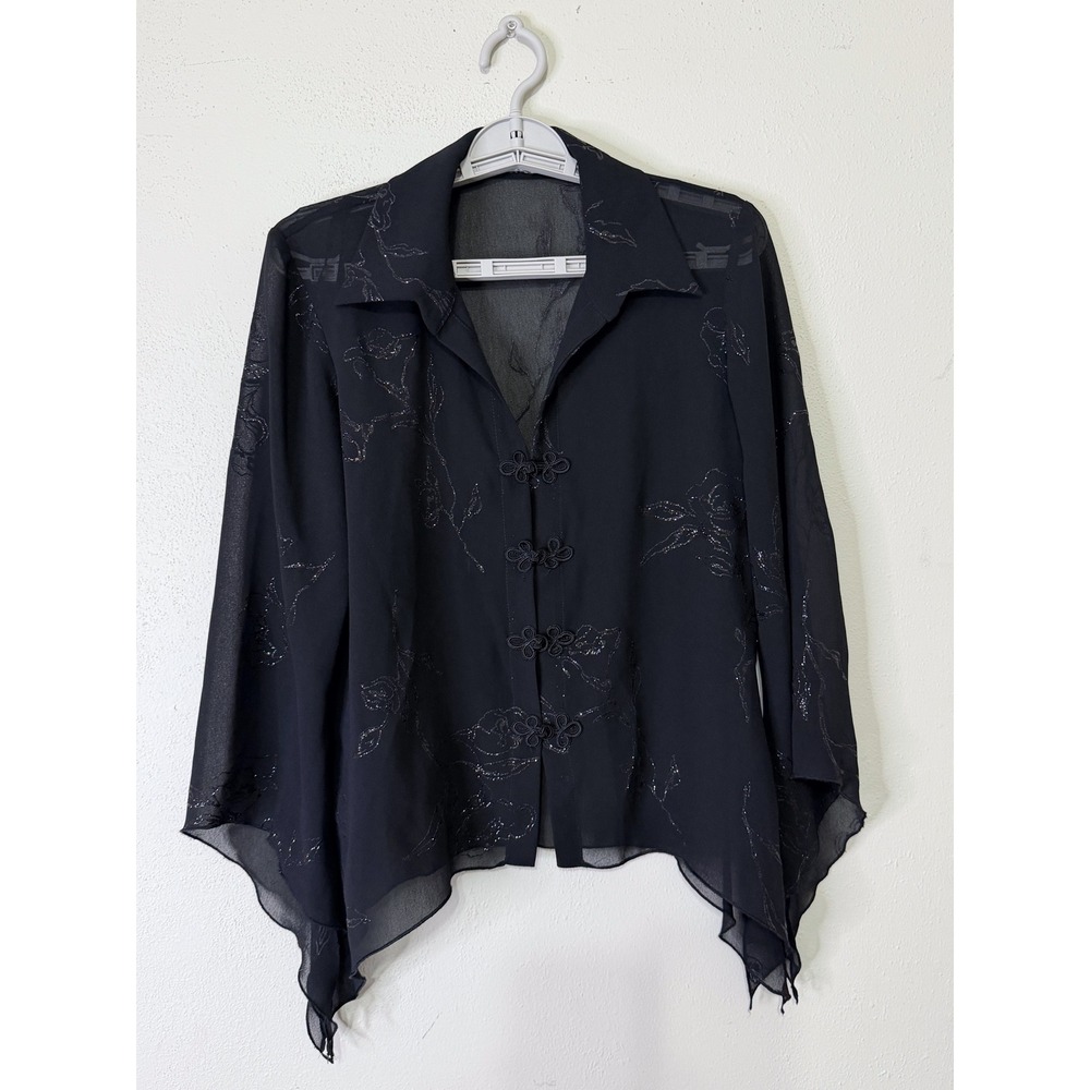 Vtg Black Sheer Chiffon Frog Button Glitter Floral Bell Sleeve Blouse Whimsigoth